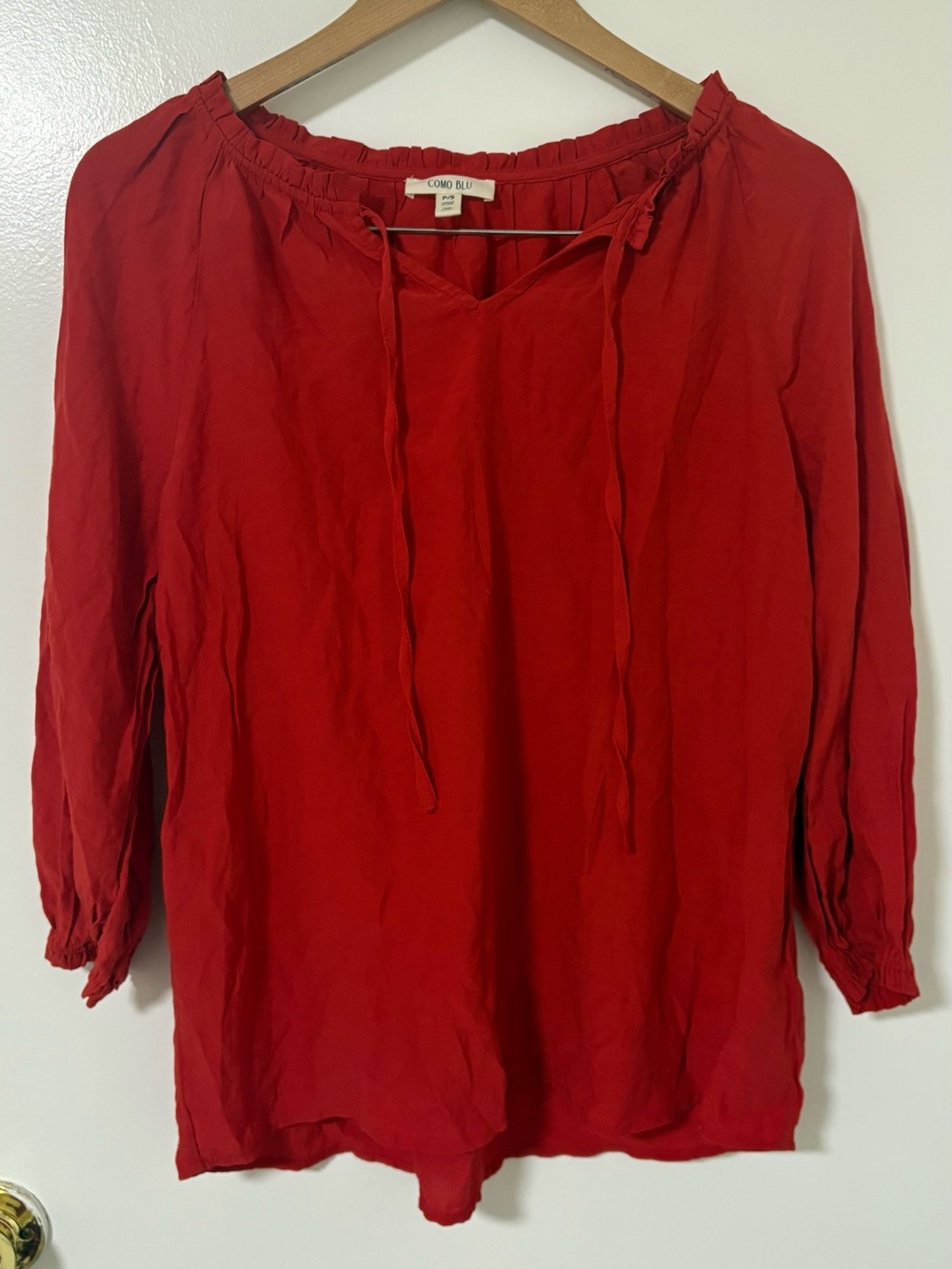 Como Blu Red Tie-Neck Peasant Blouse